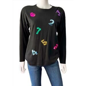 CHAUS PETITES Vintage Black Sequin Number Knit Top Teacher Small
